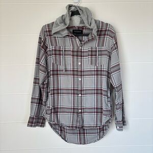 PacSun Men's Plaid Flannel Button Down Hoodie Gray Shirt Size Small